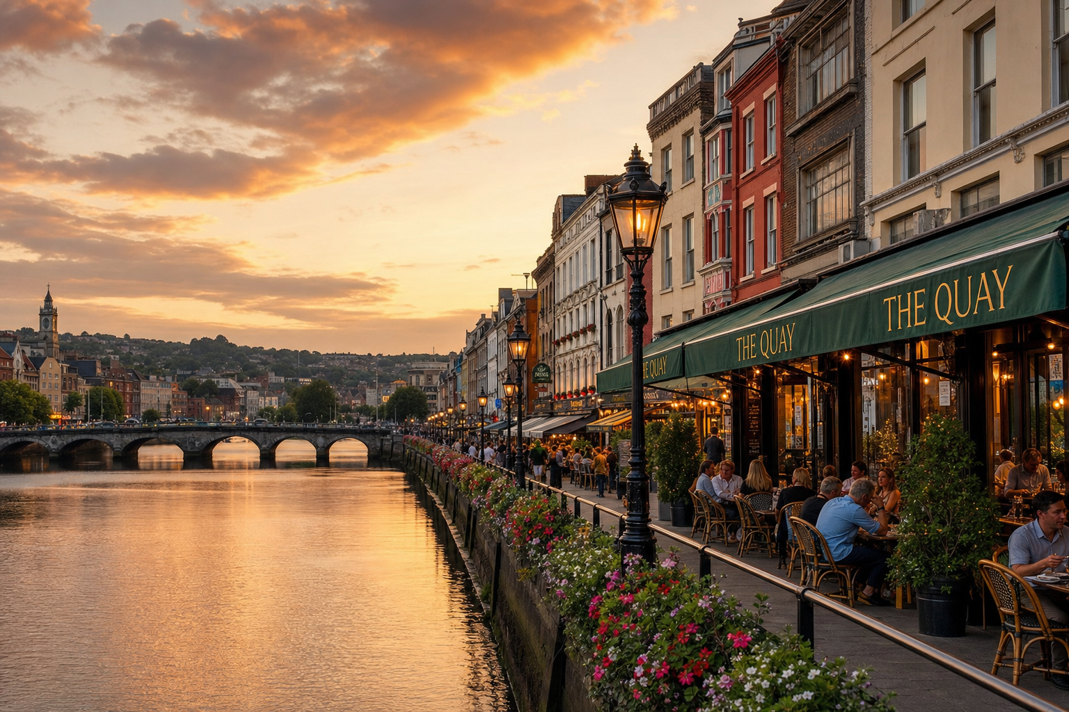 Evening along the quay in Cork, Ireland — river, bridge, and riverside dining at dusk